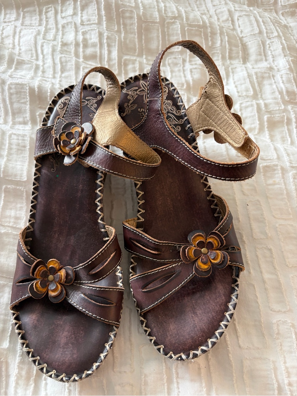 Spring Step Brown and Gold Floral Strap Wedge Sandals